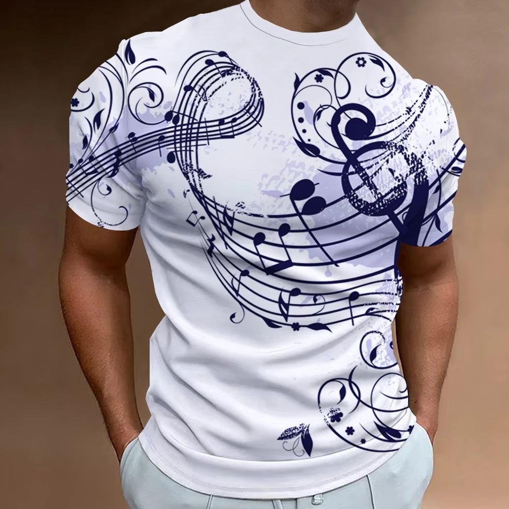 Men’s Fashion T-Shirt, 3D Musical Notation Print, Summer Casual Streetwear Top