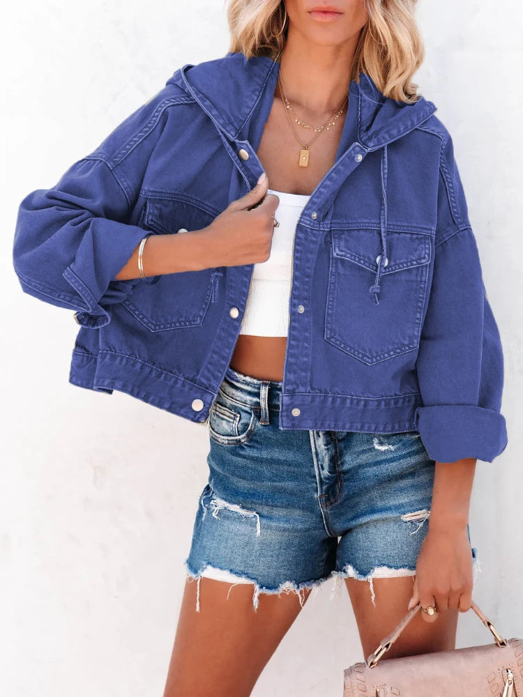 Women’s Hooded Denim Jacket, Vintage Casual Jean Coat, Trendy Long Sleeve Streetwear
