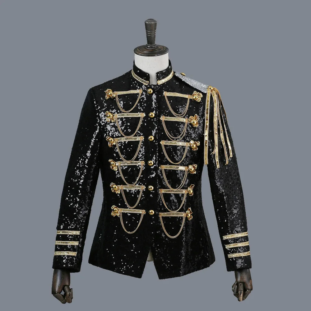 Men’s 2025 Court Style Blazer – Silver Sequin Military Jacket, Shiny Performance Wear