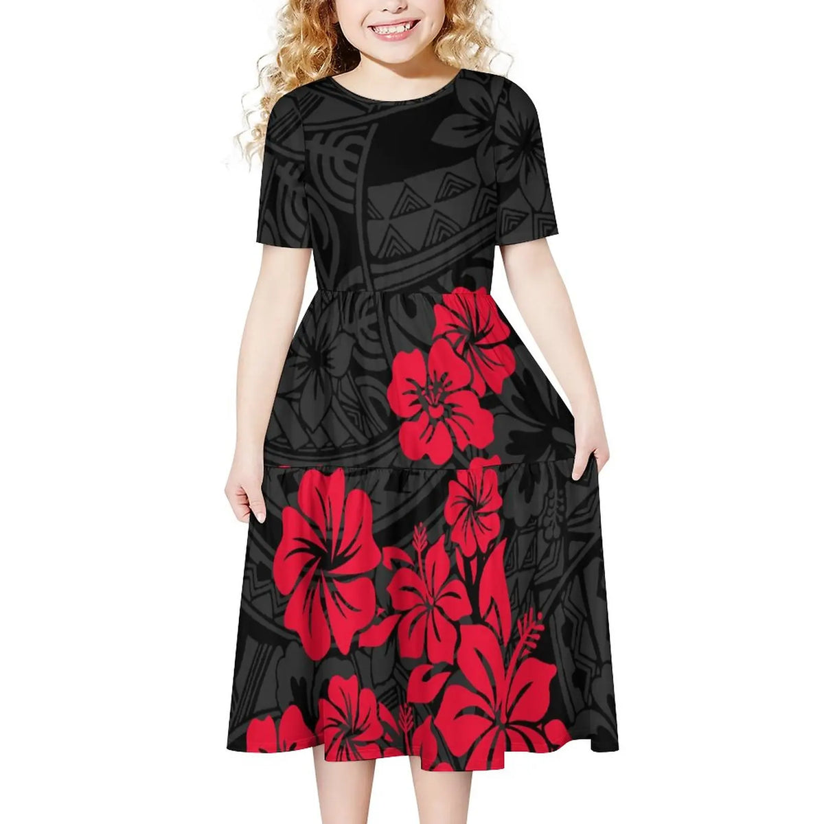 Hot Selling Custom Design Polynesian Kid's Clothing Pleated Casual Party Dress Hawaiian Pacific Island Cute Dress for Girl