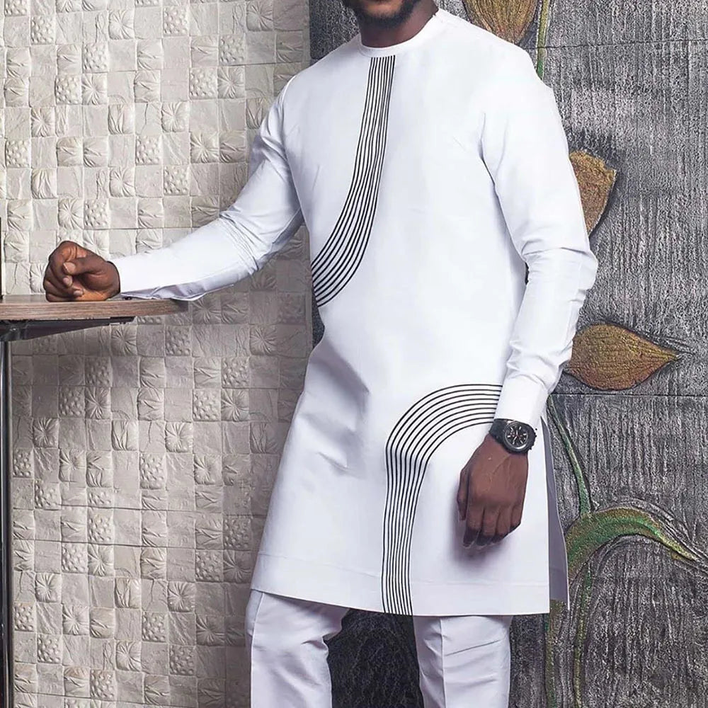 Men’s African Clothes, Summer Dashiki Traditional Long Sleeve White Shir