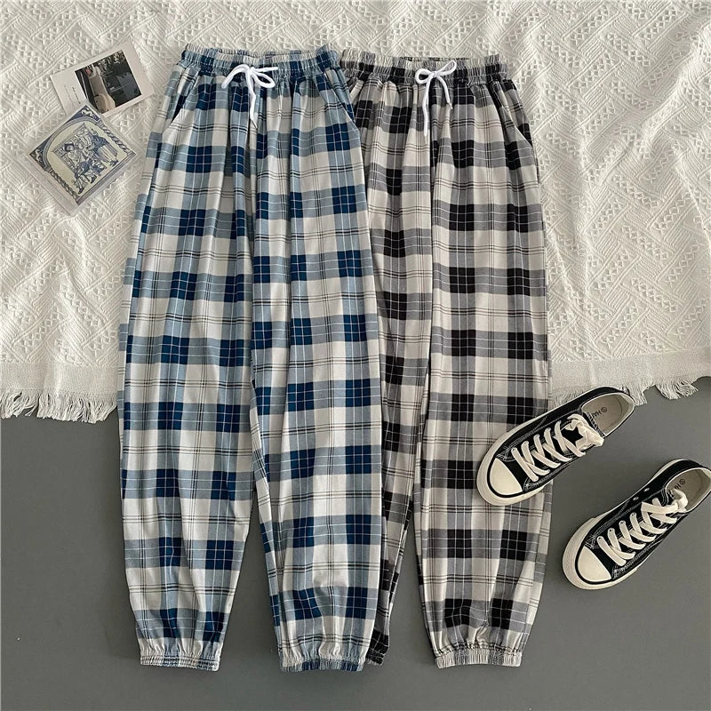 Women’s Pants, New Wide-Leg Fashion Loose Black Plaid Summer Harajuku Students Streetwear Harem Long Trousers, Chic Style