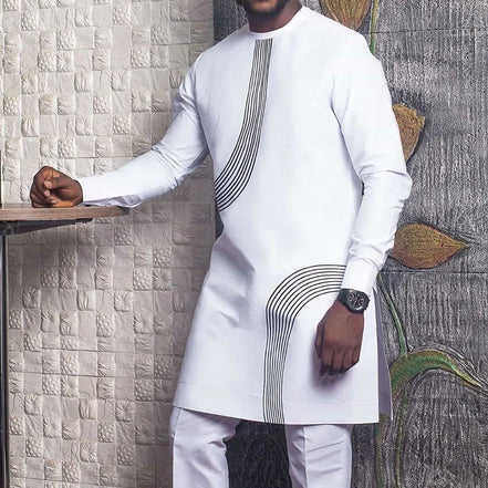 Men’s African Clothes, Summer Dashiki Traditional Long Sleeve White Shir
