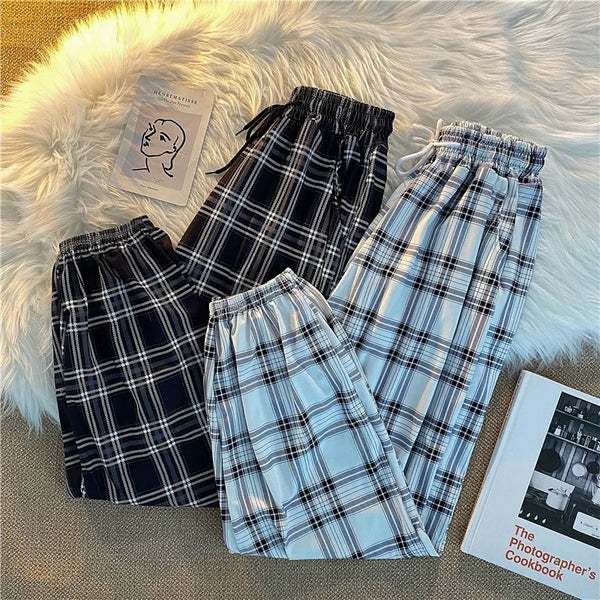 Women’s Pants, New Wide-Leg Fashion Loose Black Plaid Summer Harajuku Students Streetwear Harem Long Trousers, Chic Style
