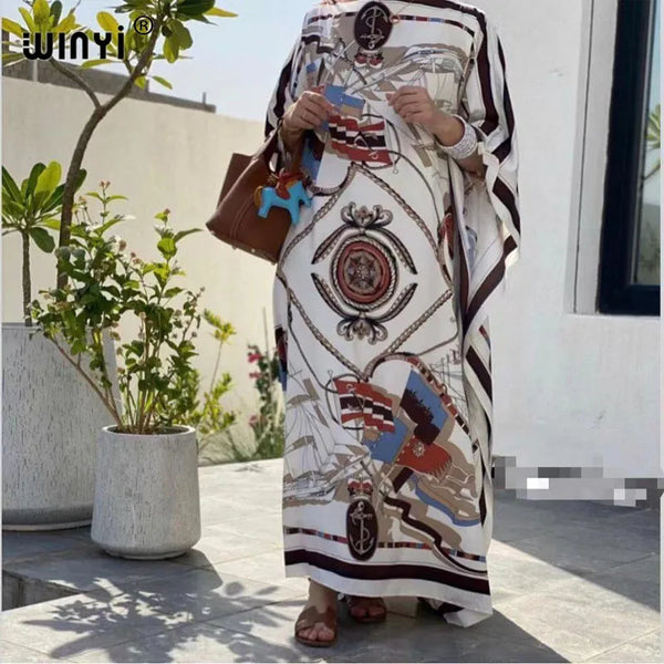 Printed Dresses for Women, Fashion Design Loose Dress, Batwing Maxi Long Femme Vestidos, Summer Autumn Party Elegant Dress