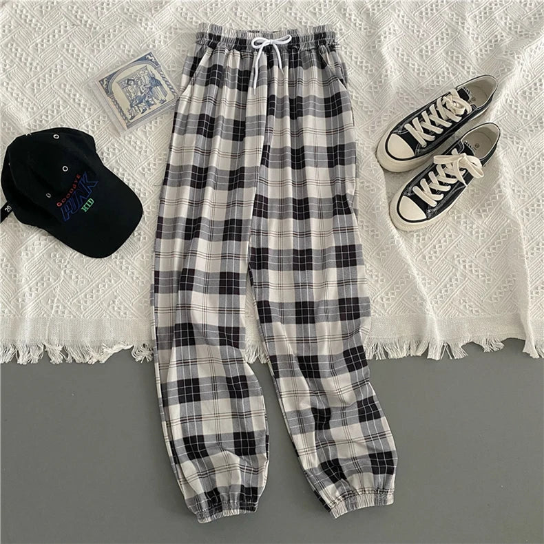 Women’s Pants, New Wide-Leg Fashion Loose Black Plaid Summer Harajuku Students Streetwear Harem Long Trousers, Chic Style