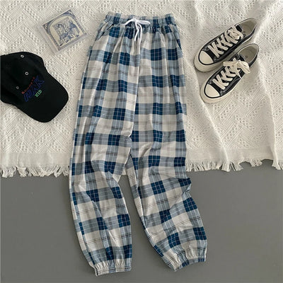 Women’s Wide-Leg Plaid Pants, Loose Harem Trousers, Summer Streetwear, Harajuku Chic Style
