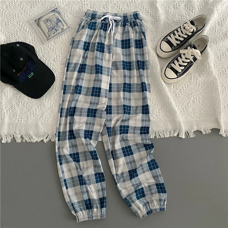 Women’s Pants, New Wide-Leg Fashion Loose Black Plaid Summer Harajuku Students Streetwear Harem Long Trousers, Chic Style
