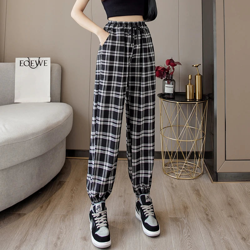 Women’s Pants, New Wide-Leg Fashion Loose Black Plaid Summer Harajuku Students Streetwear Harem Long Trousers, Chic Style