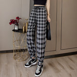 Women’s Pants, New Wide-Leg Fashion Loose Black Plaid Summer Harajuku Students Streetwear Harem Long Trousers, Chic Style