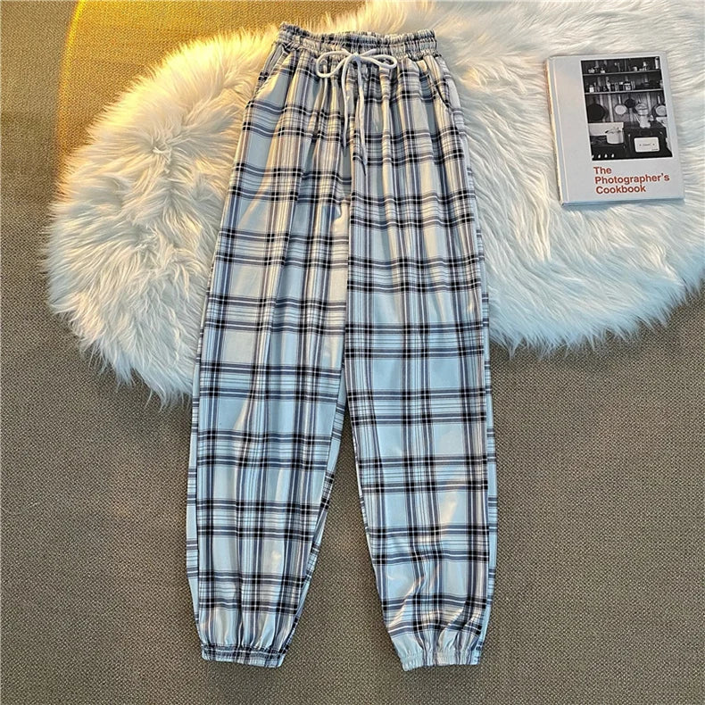 Women’s Pants, New Wide-Leg Fashion Loose Black Plaid Summer Harajuku Students Streetwear Harem Long Trousers, Chic Style