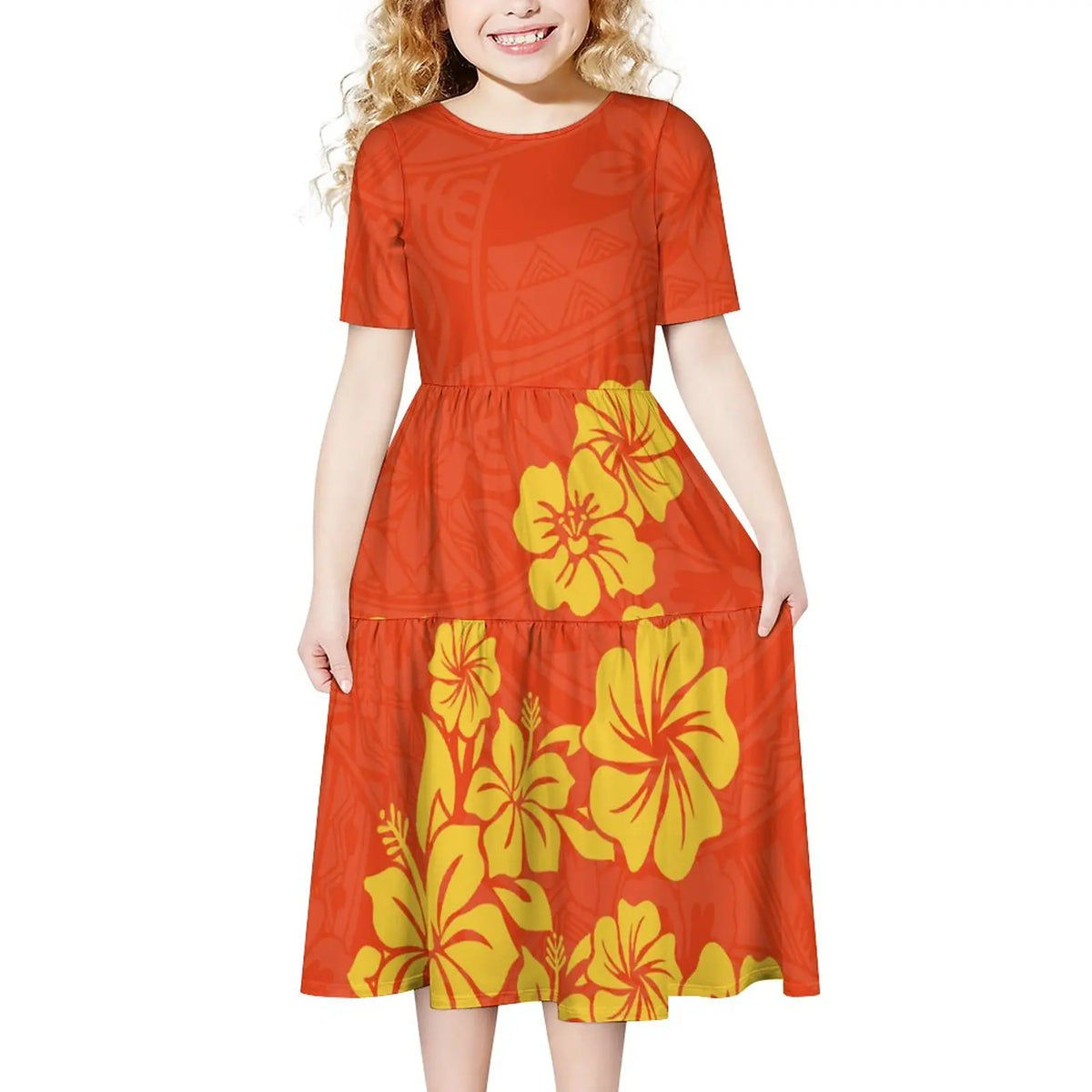 Hot Selling Custom Design Polynesian Kid's Clothing Pleated Casual Party Dress Hawaiian Pacific Island Cute Dress for Girl