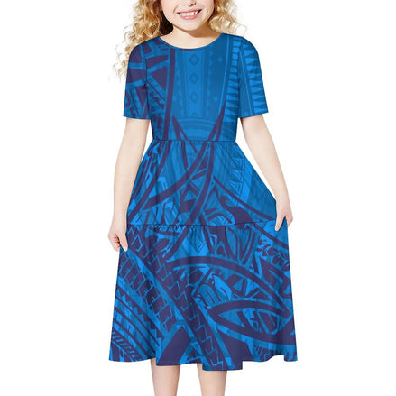 Hot Selling Custom Design Polynesian Kid's Clothing Pleated Casual Party Dress Hawaiian Pacific Island Cute Dress for Girl