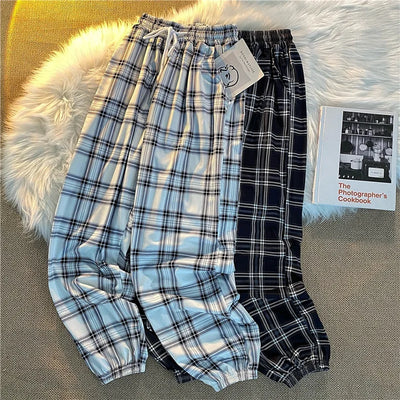 Women’s Wide-Leg Plaid Pants, Loose Harem Trousers, Summer Streetwear, Harajuku Chic Style