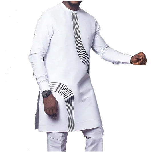 Men’s African Clothes, Summer Dashiki Traditional Long Sleeve White Shir