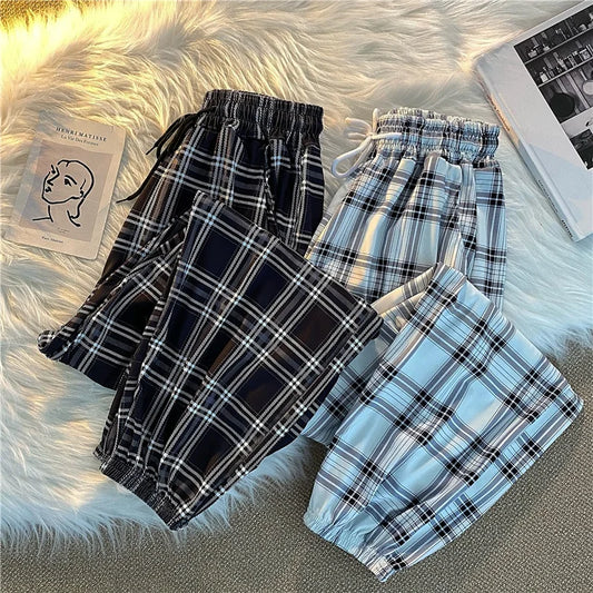 Women’s Wide-Leg Plaid Pants, Loose Harem Trousers, Summer Streetwear, Harajuku Chic Style