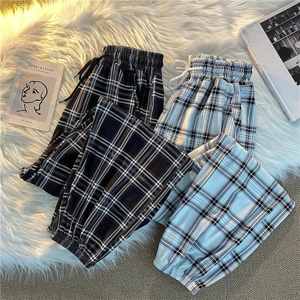 Women’s Pants, New Wide-Leg Fashion Loose Black Plaid Summer Harajuku Students Streetwear Harem Long Trousers, Chic Style