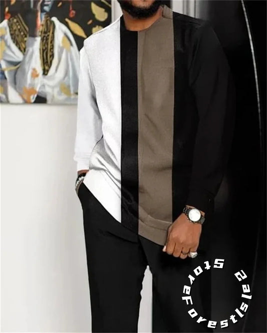 Men’s Fashion Tracksuit Set, Casual Oversized Streetwear Outfit, Long Sleeve T-Shirt