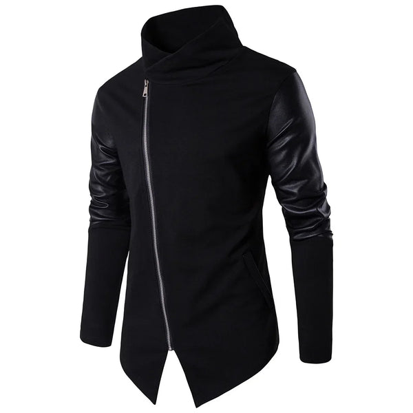 Men’s Fashion Jacket, Spring Stand-Up Neck Slim Fit, Knitted Shirt Panel with Leather Details, Stylish Casual Outerwear