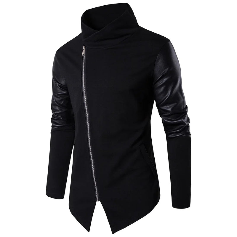 Men’s Fashion Jacket, Spring Stand-Up Neck Slim Fit, Knitted Shirt Panel with Leather Details, Stylish Casual Outerwear