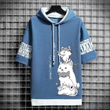 Men’s Summer Hoodie, Japan Fashion Cartoon Print, Casual Harajuku Streetwear, Short Sleeve Hooded Top Sweatshirt