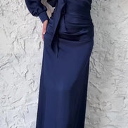 Women’s Autumn Satin Dress – Elegant Long Sleeve, Round Neck, Slim Fit Party Wear