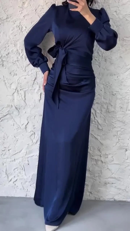 Women’s Autumn Satin Dress – Elegant Long Sleeve, Round Neck, Slim Fit Party Wear