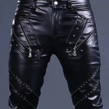 Men’s Fashion Rock Style PU Leather Pants, Sexy Night Club Dance Pants, Rivets Zipper Faux Leather Slim Motorcycle Trousers