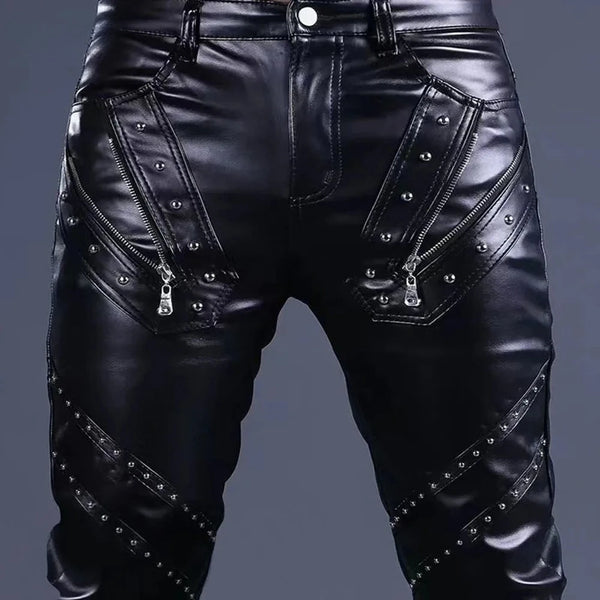 Men’s Fashion Rock Style PU Leather Pants, Sexy Night Club Dance Pants, Rivets Zipper Faux Leather Slim Motorcycle Trousers