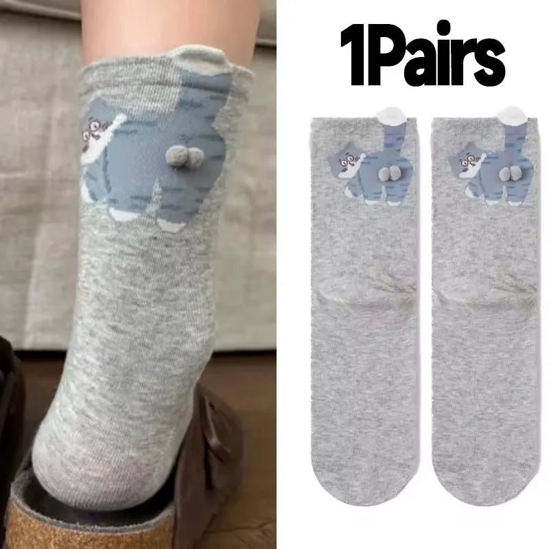 3D Cute Cat Socks Black/White Funny Cat Cotton Socks Breathable Soft Girl Women Novelty Stocking Kawaii Gift Sock Set