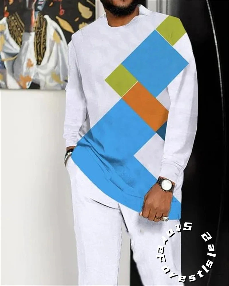 Men’s Fashion Tracksuit Set, Casual Oversized Streetwear Outfit, Long Sleeve T-Shirt