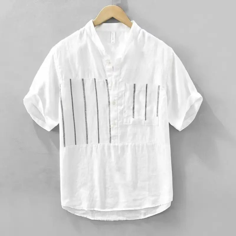 Men’s Summer Short-Sleeve Striped Shirt, Stand Collar, Casual Trendy Versatile Top