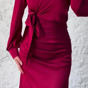 Women’s Autumn Satin Dress – Elegant Long Sleeve, Round Neck, Slim Fit Party Wear