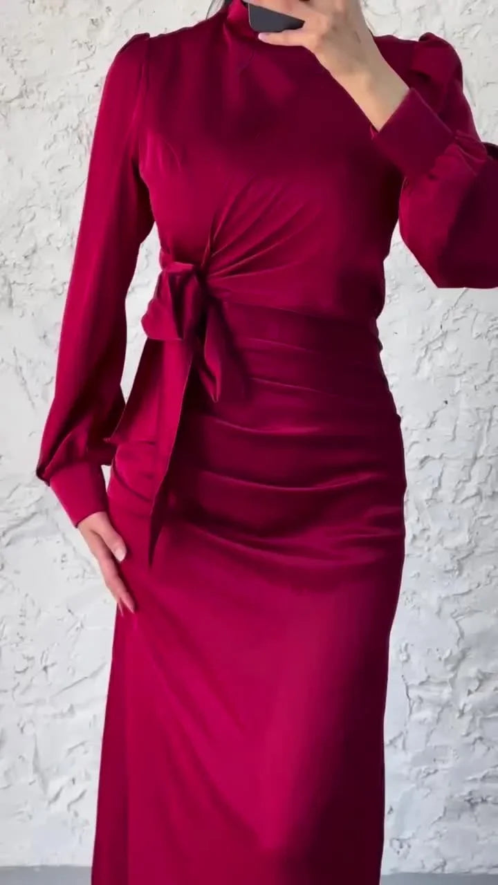 Women’s Autumn Satin Dress – Elegant Long Sleeve, Round Neck, Slim Fit Party Wear