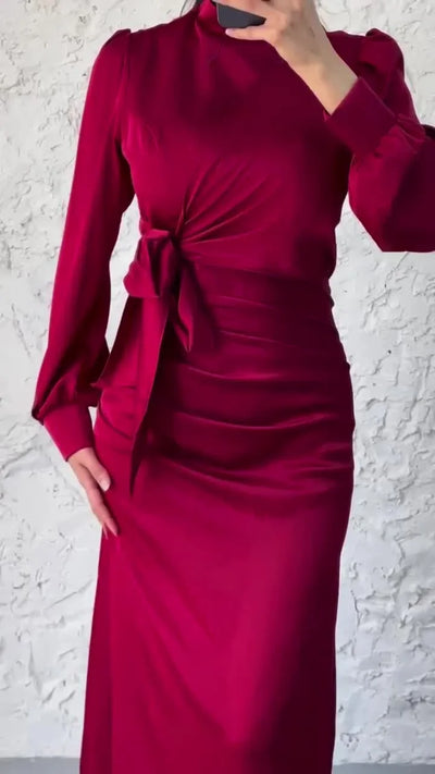 Women’s Autumn Satin Dress – Elegant Long Sleeve, Round Neck, Slim Fit Party Wear