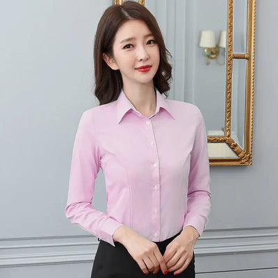 Women’s White Long-Sleeve Shirt, Formal Work Top, Professional Office Blouse, Plus Size