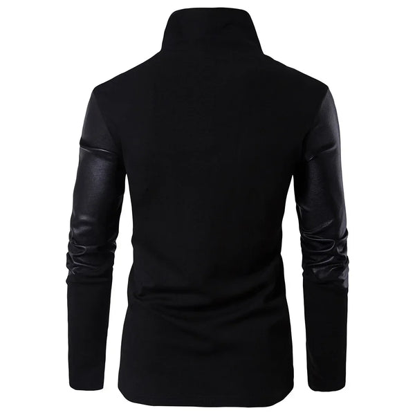 Men’s Fashion Jacket, Spring Stand-Up Neck Slim Fit, Knitted Shirt Panel with Leather Details, Stylish Casual Outerwear