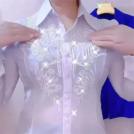 Women’s White, Red & Blue Shirt, Rhinestone Embroidery, Stylish Spring Summer Autumn Blouse
