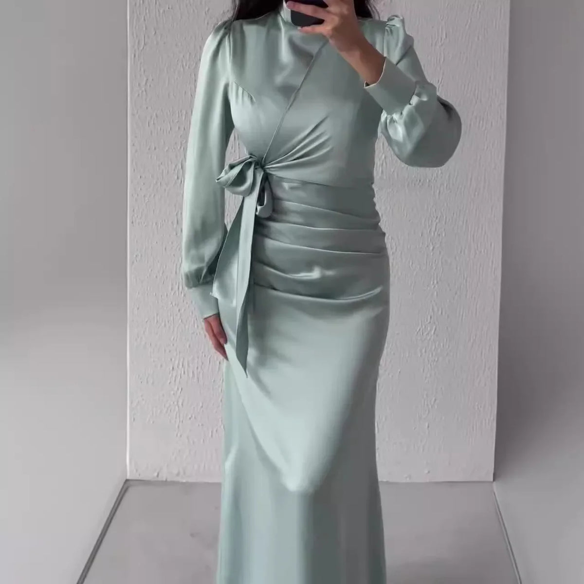 Women’s Autumn Satin Dress – Elegant Long Sleeve, Round Neck, Slim Fit Party Wear