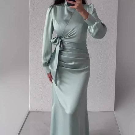 Women’s Autumn Satin Dress – Elegant Long Sleeve, Round Neck, Slim Fit Party Wear