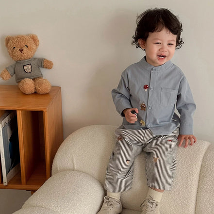 2026 Fall New Toddler Kids Pants Cotton Cartoon Embroidered Harem Pants Baby Boy Casual Striped Denim Baggy Trousers