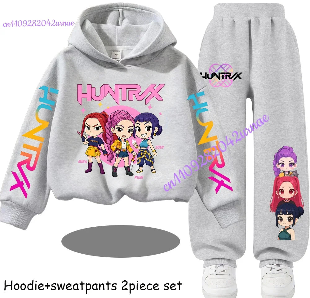 Kid Cloth KPop Demon Hunters Children's Hoodie Set with Boys' Casual Sports Shirt and Two Tone Girls' Soft and Comfortable Pants