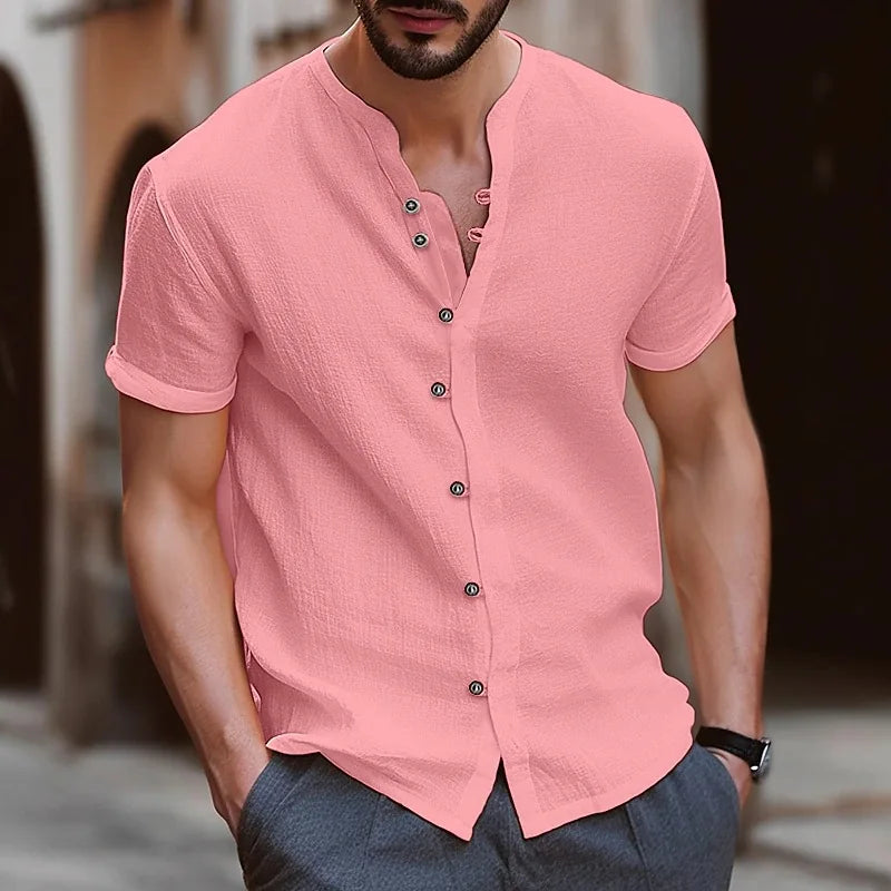 Men’s Casual Retro Cotton Linen Short-Sleeve Shirt, Stand Collar, Solid Color, US Sizes