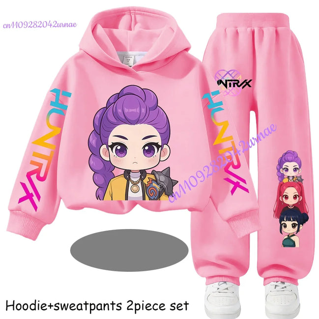 Kid Cloth KPop Demon Hunters Children's Hoodie Set with Boys' Casual Sports Shirt and Two Tone Girls' Soft and Comfortable Pants