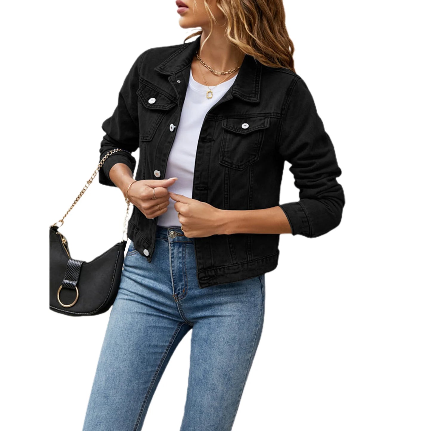 Women’s Denim Jacket, Casual Slim Fit Jean Jacket, Long Sleeve, Lapel Button-Down, Fall Winter Coat