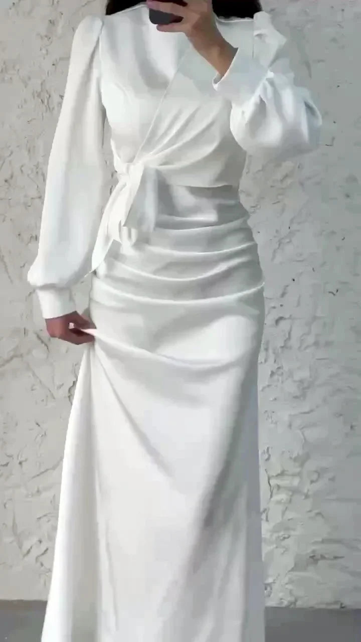 Women’s Autumn Satin Dress – Elegant Long Sleeve, Round Neck, Slim Fit Party Wear