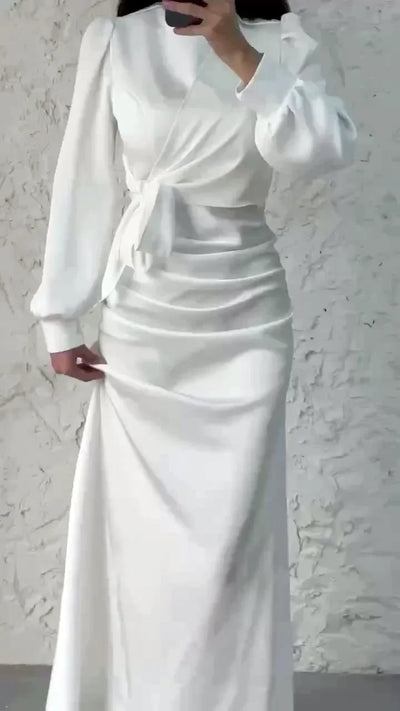 Women’s Autumn Satin Dress – Elegant Long Sleeve, Round Neck, Slim Fit Party Wear