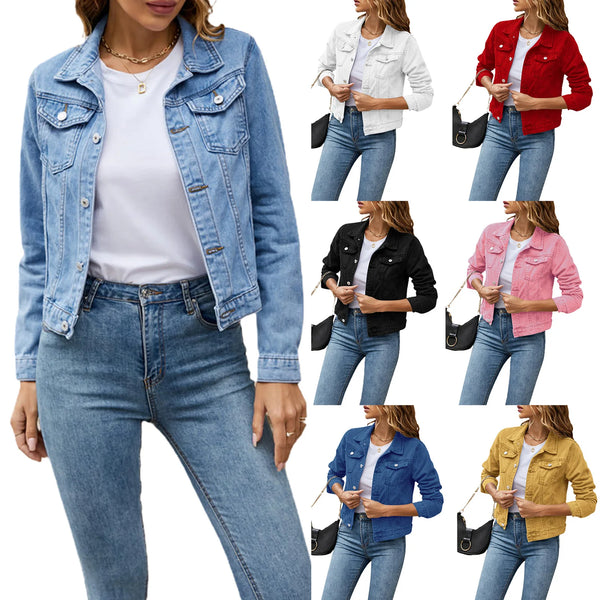 Women’s Denim Jacket, Fashion Casual Long Sleeve Lapel, Solid Button-Down, Slim Fit Jean Jacket, Fall Winter Coat