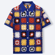 Men’s Floral Embroidered Knit Shirt, Summer Casual Buttoned Lapel, Vintage Crochet Hollow-Out Top