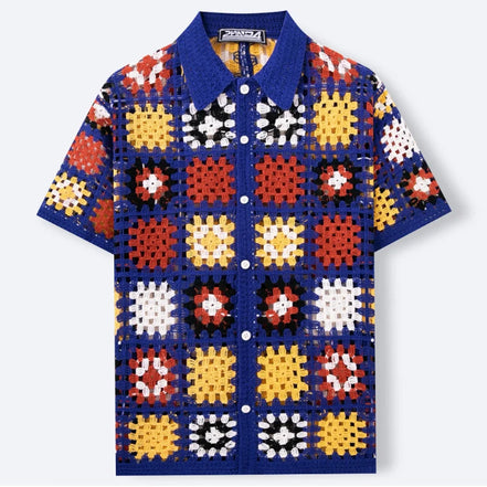 Men’s Floral Embroidered Knit Shirt, Summer Casual Buttoned Lapel, Vintage Crochet Hollow-Out Top